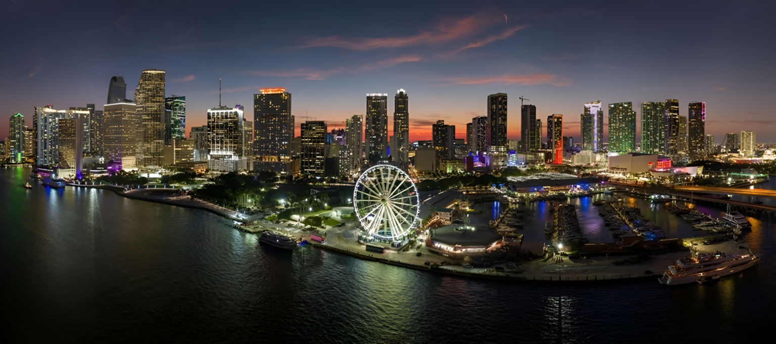 Aerial view of Miami skyline at dusk